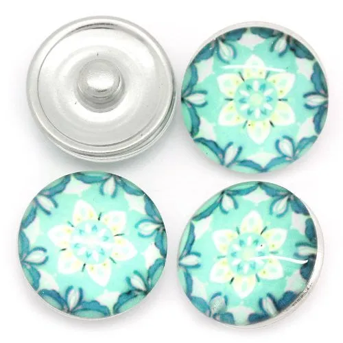 Cyan Flower Design Glass Chunk Charm Button Fits Chunk Bracelet
