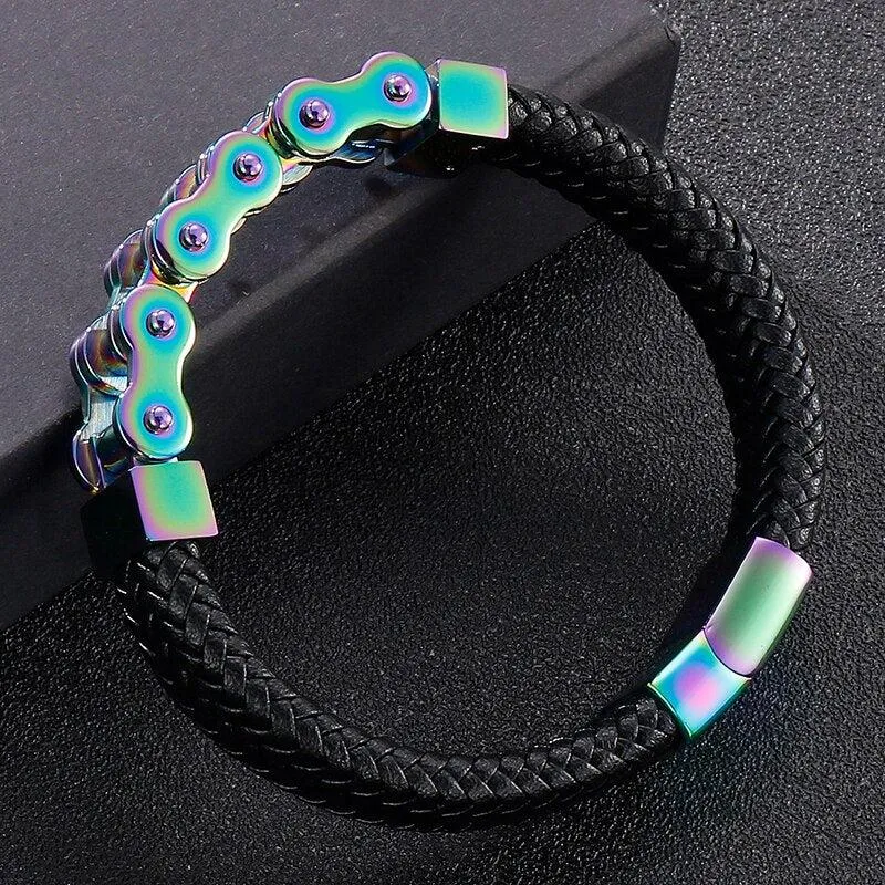 Cycolinks Rainbow Leather Bike Chain Bracelet