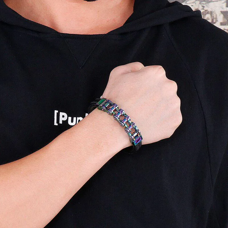 Cycolinks Rainbow Leather Bike Chain Bracelet