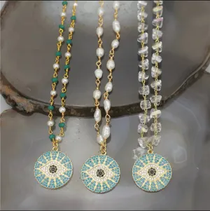 Dainty chain with round pave crystal evil eye pendant 310-9 | Erika Williner Designs