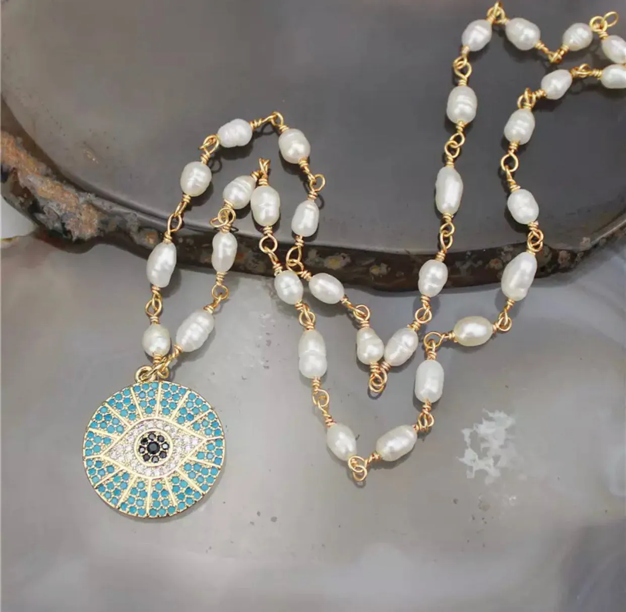 Dainty chain with round pave crystal evil eye pendant 310-9 | Erika Williner Designs