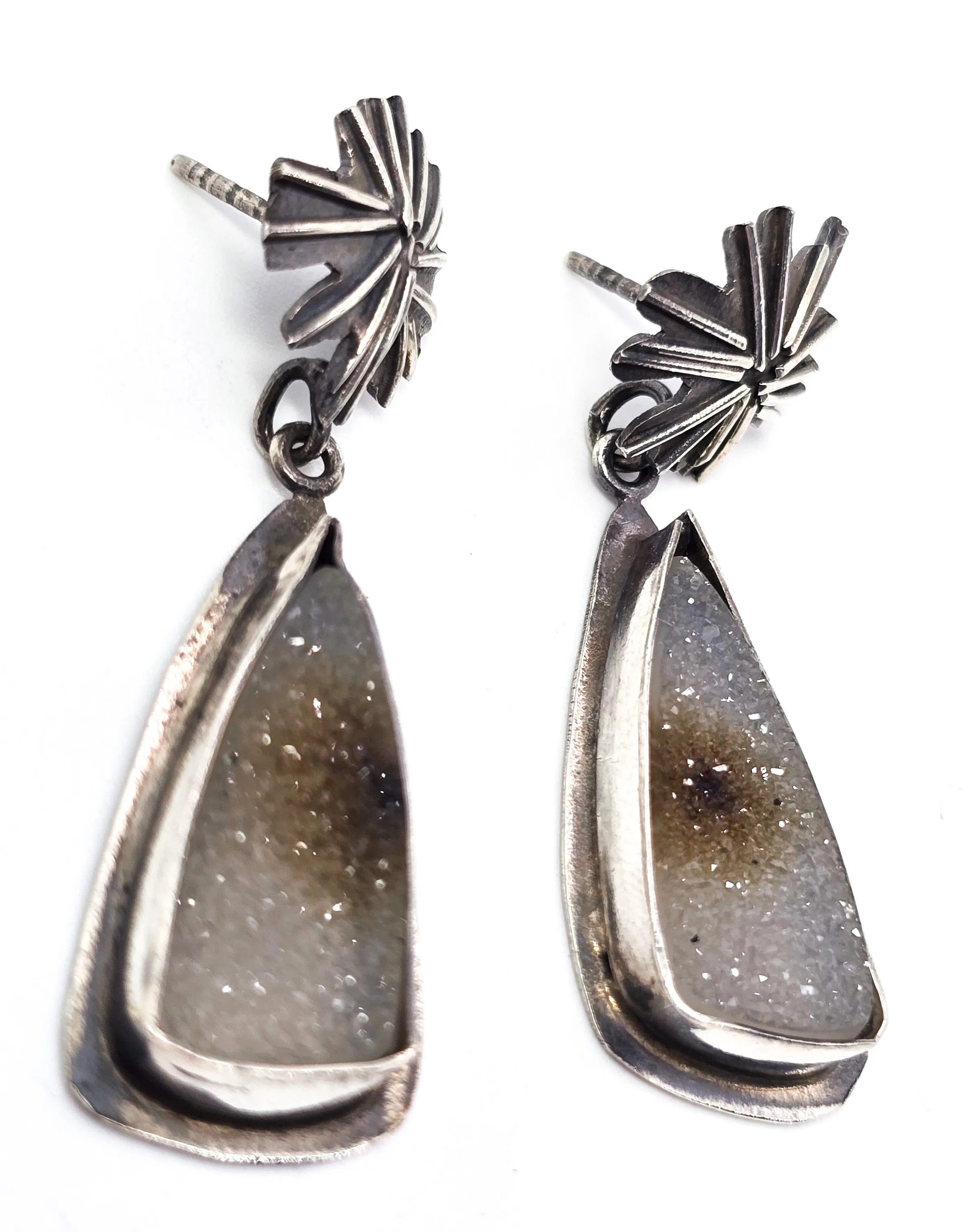 Dalmatian Druzy sterling silver artisan handcrafted vintage drop earrings signed