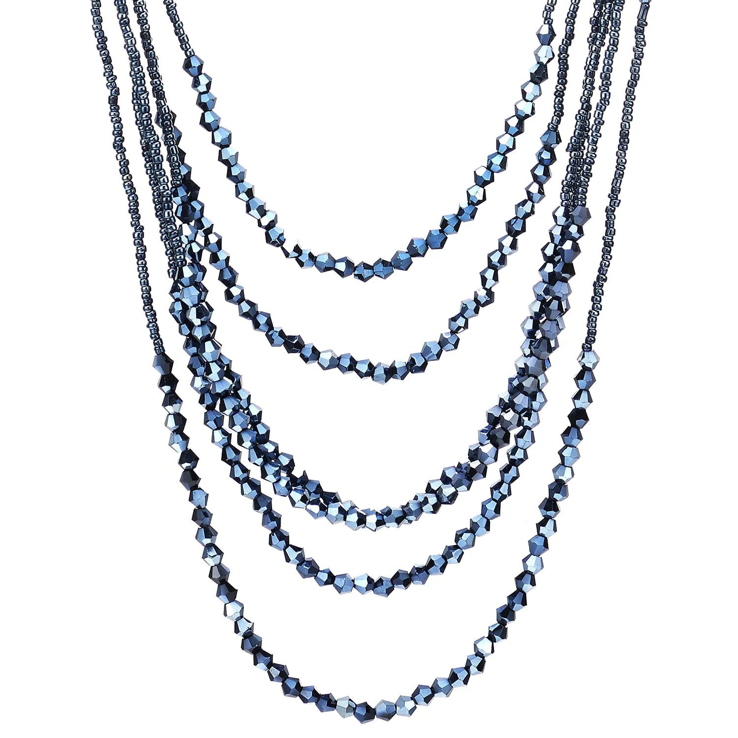 Dark Blue Long Statement Necklace Multi-Strand Waterfall Chains with Crystal Beads Charms Pendant