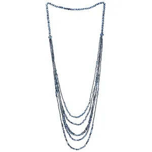 Dark Blue Long Statement Necklace Multi-Strand Waterfall Chains with Crystal Beads Charms Pendant