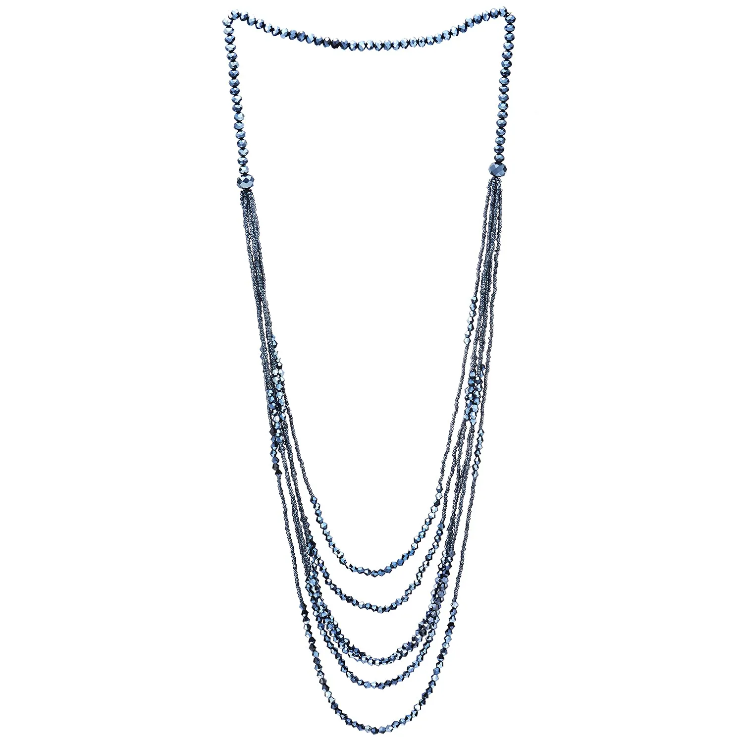 Dark Blue Long Statement Necklace Multi-Strand Waterfall Chains with Crystal Beads Charms Pendant
