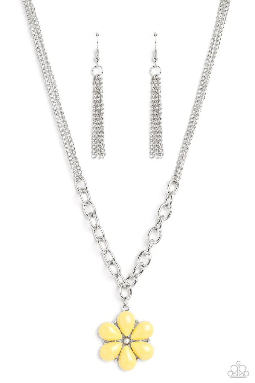 Dazzling Dahlia - Yellow - Beaded Flower Paparazzi Short Necklace