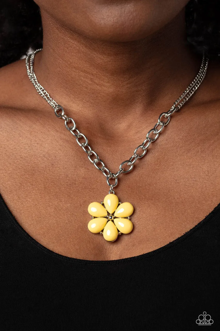 Dazzling Dahlia - Yellow - Beaded Flower Paparazzi Short Necklace