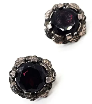 Deep purple glass silver toned Renaissance style vintage clip on earrings