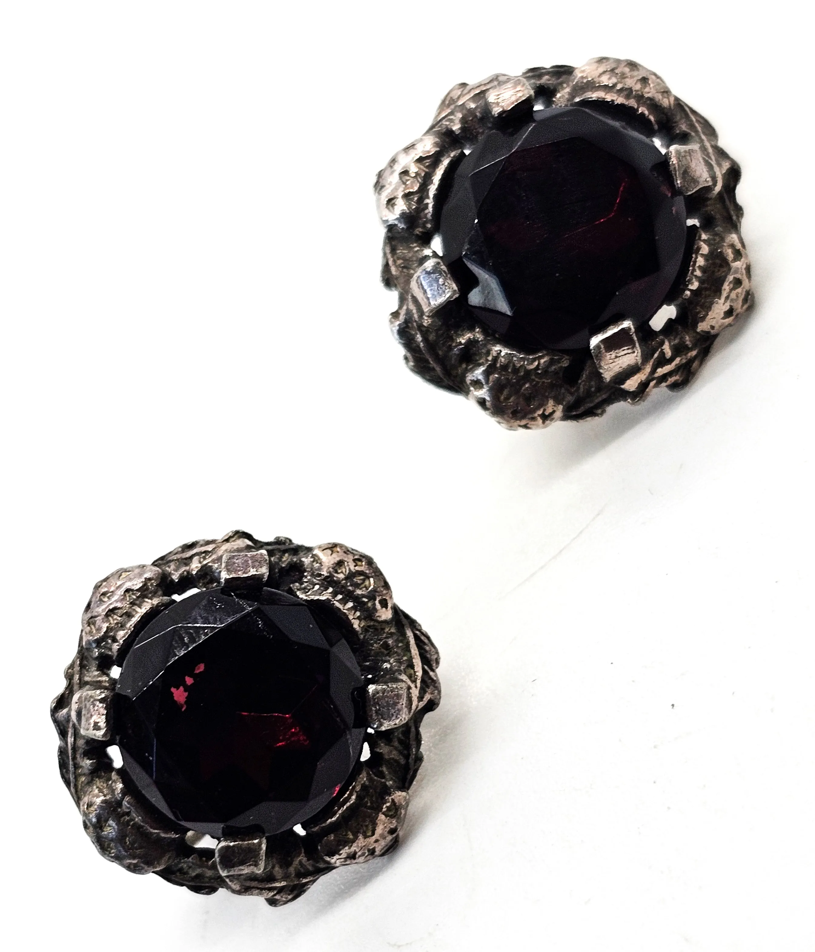 Deep purple glass silver toned Renaissance style vintage clip on earrings