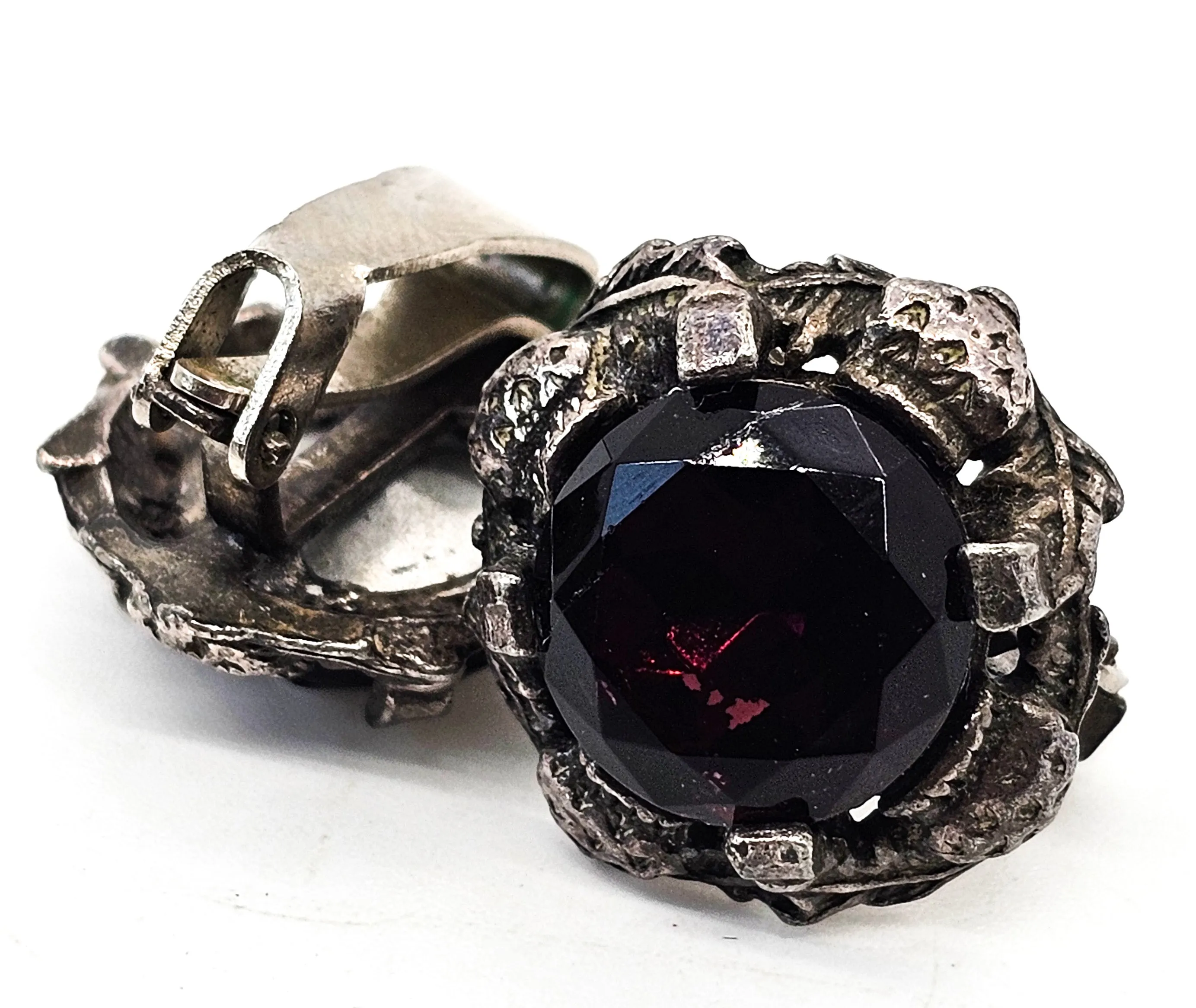 Deep purple glass silver toned Renaissance style vintage clip on earrings