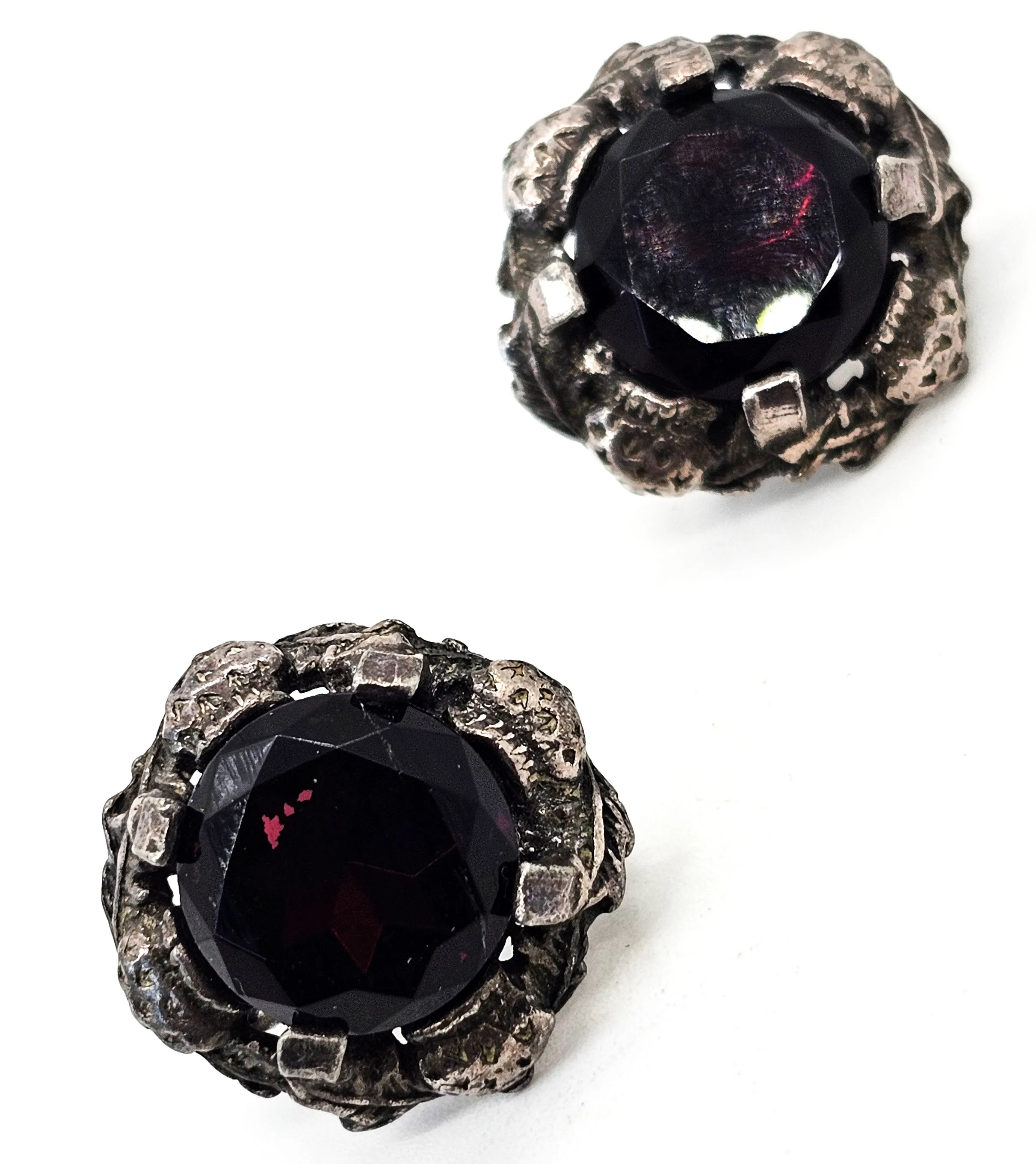 Deep purple glass silver toned Renaissance style vintage clip on earrings