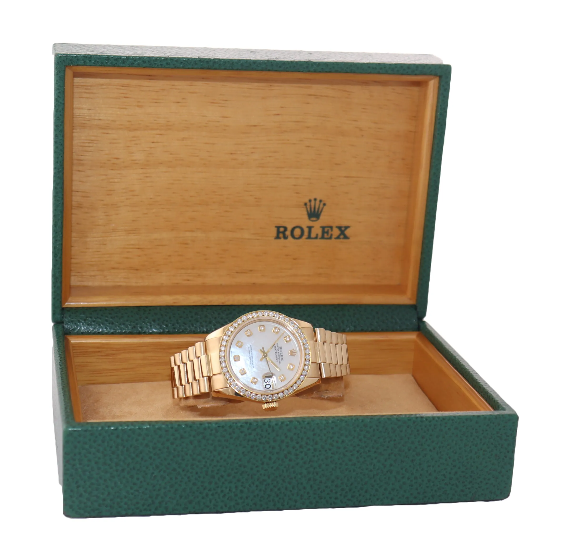 DIAMOND BEZEL Rolex President 6827 Midsize 31mm 18k Gold MOP Diamond Watch Box