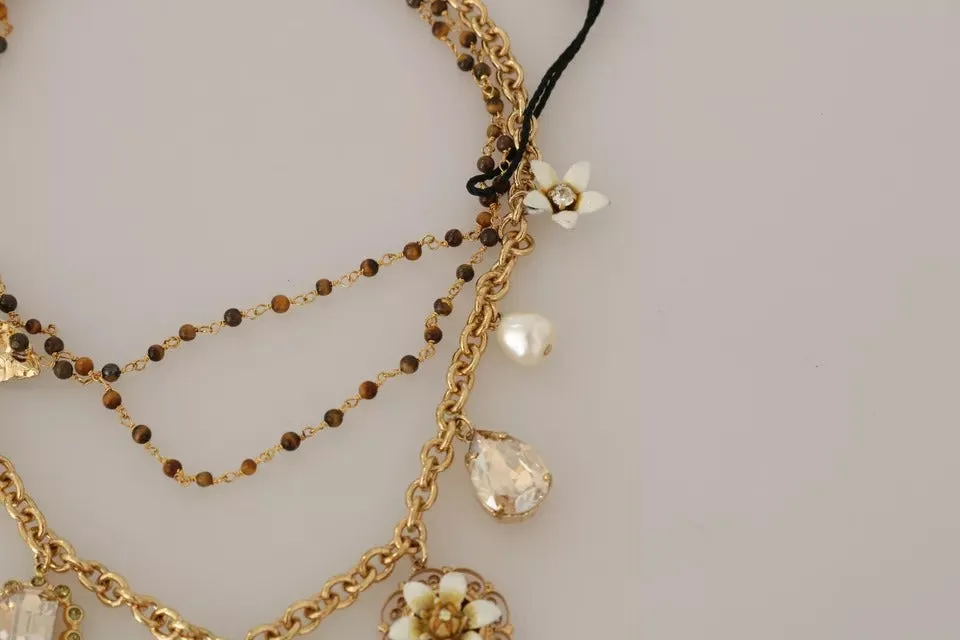 Dolce & Gabbana Gold Brass Crystal Floral Statement Charms Necklace