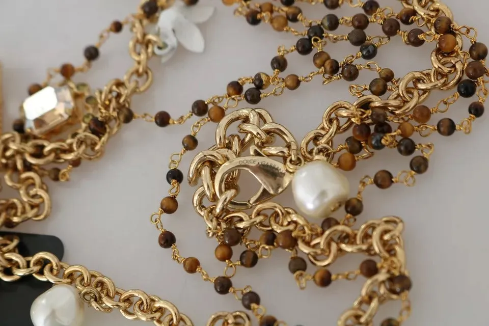 Dolce & Gabbana Gold Brass Crystal Floral Statement Charms Necklace