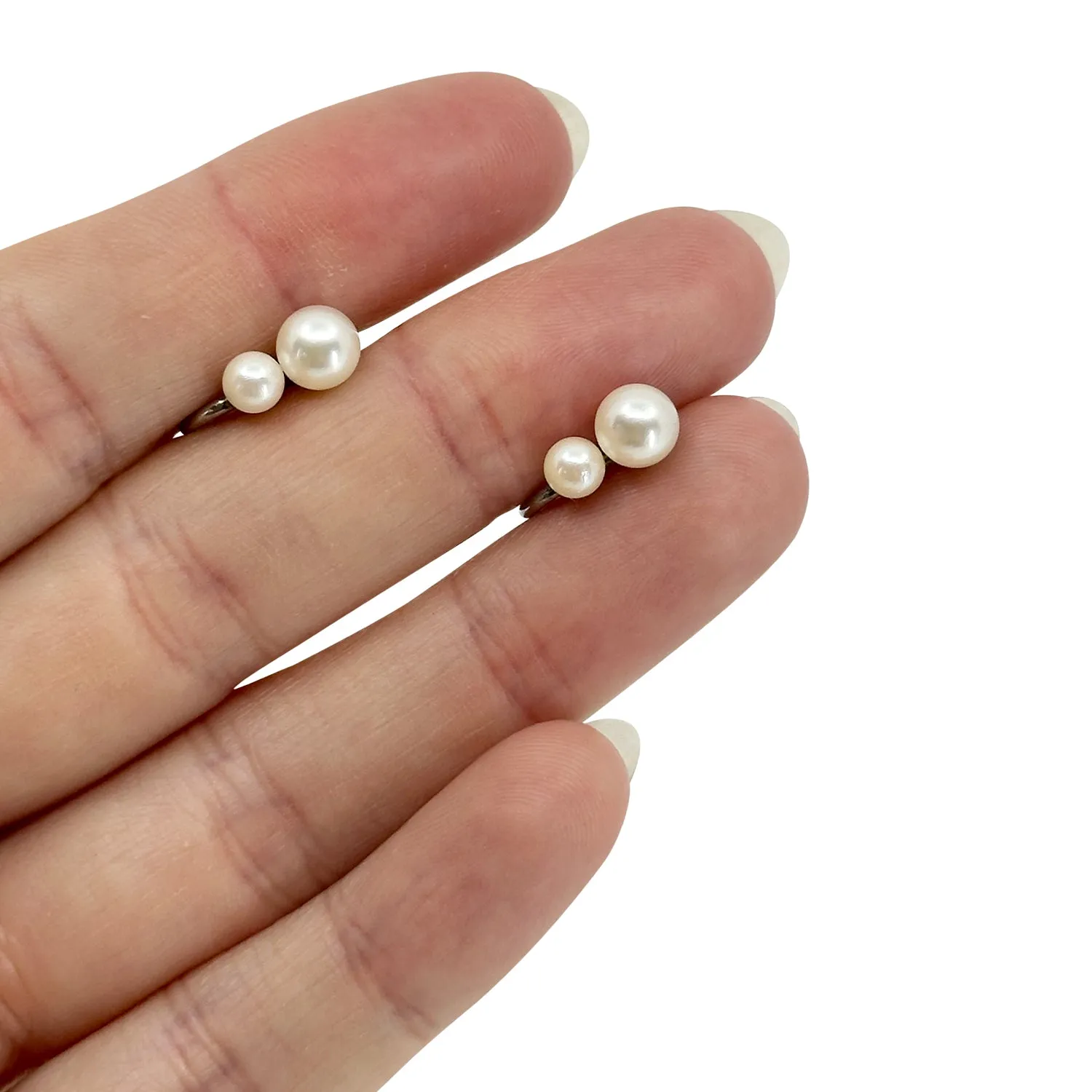 Double Graduated Japanese Saltwater Akoya Cultured Pearl Screwback Earrings- Sterling Silver