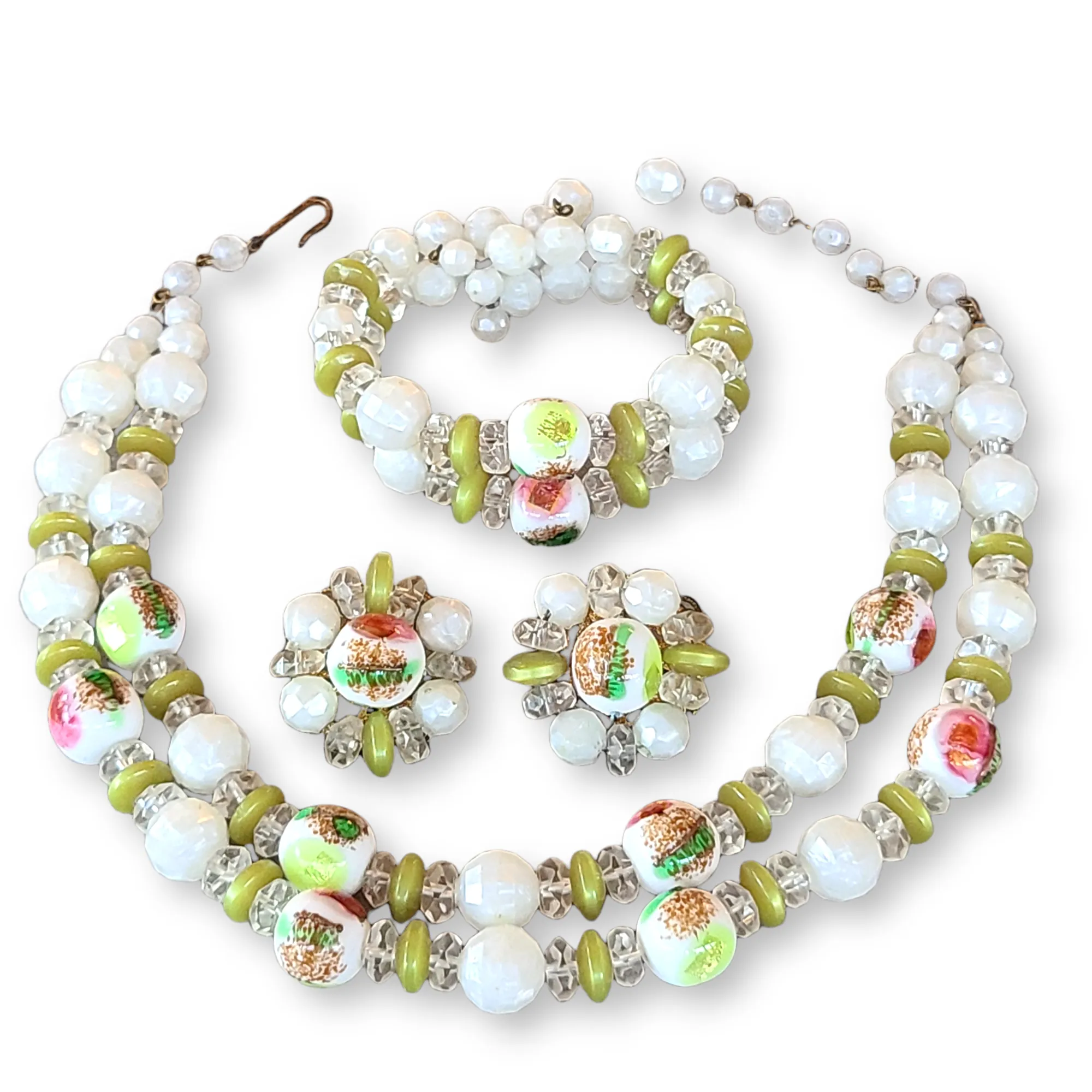Double-Strand Art Glass Bead Necklace with Matching Bracelet and Earrings
