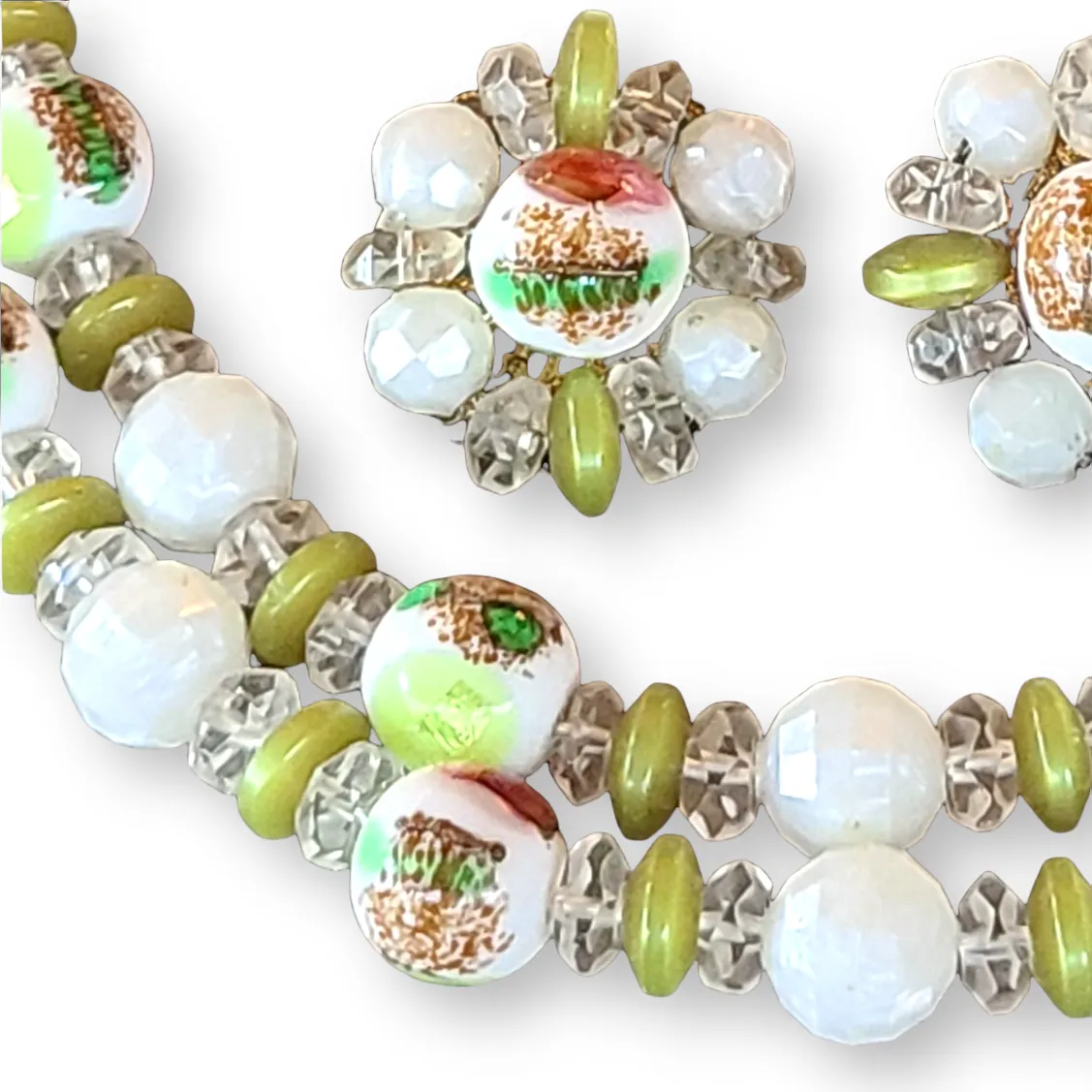 Double-Strand Art Glass Bead Necklace with Matching Bracelet and Earrings