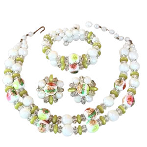 Double-Strand Art Glass Bead Necklace with Matching Bracelet and Earrings