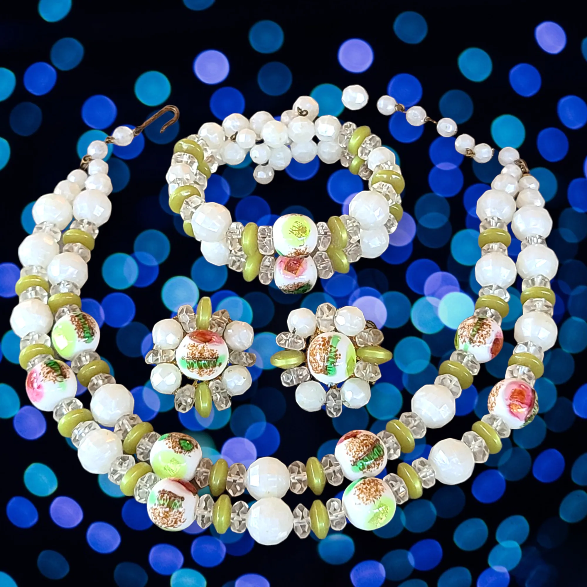 Double-Strand Art Glass Bead Necklace with Matching Bracelet and Earrings