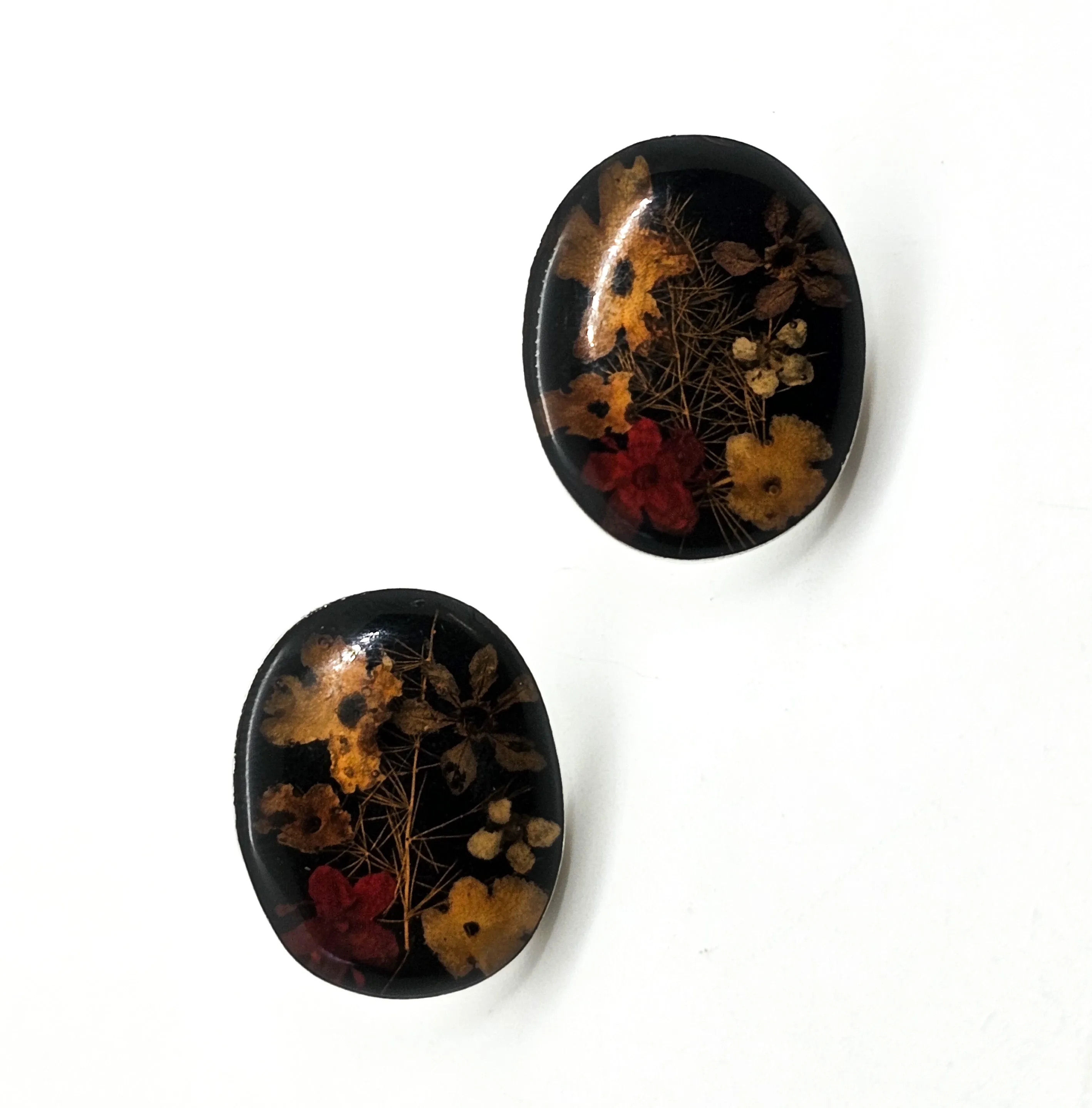 Dried flowers in resin vintage large sterling silver button stud earrings BOHO