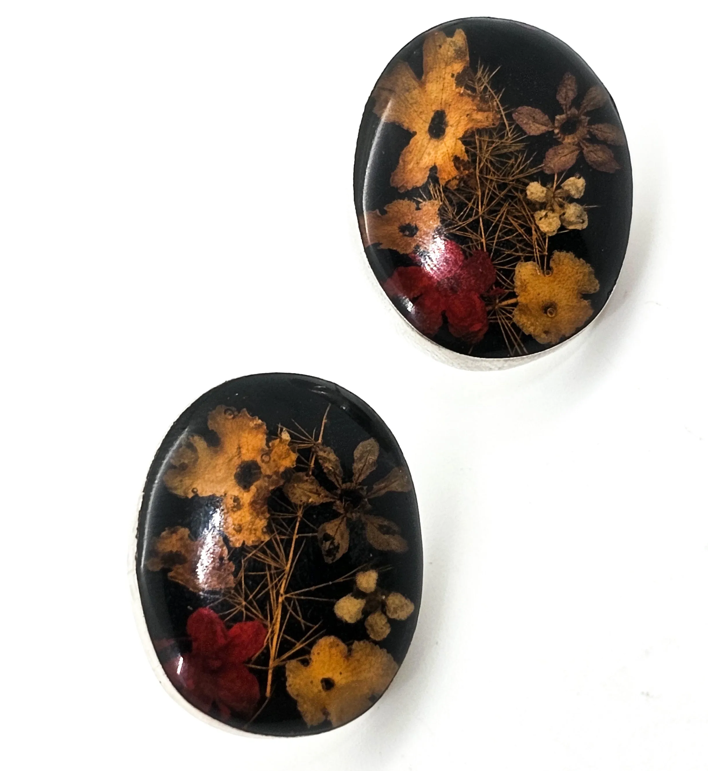 Dried flowers in resin vintage large sterling silver button stud earrings BOHO