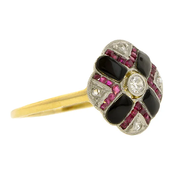 Edwardian Diamond, Onyx & Ruby Ring