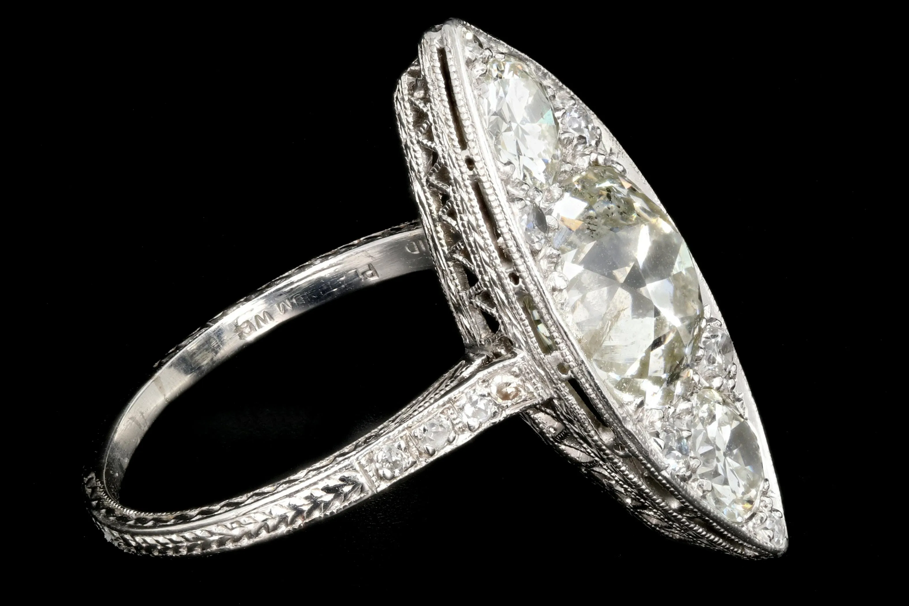 Edwardian Platinum 3.5 Carat Old Euro Center Navette Ring