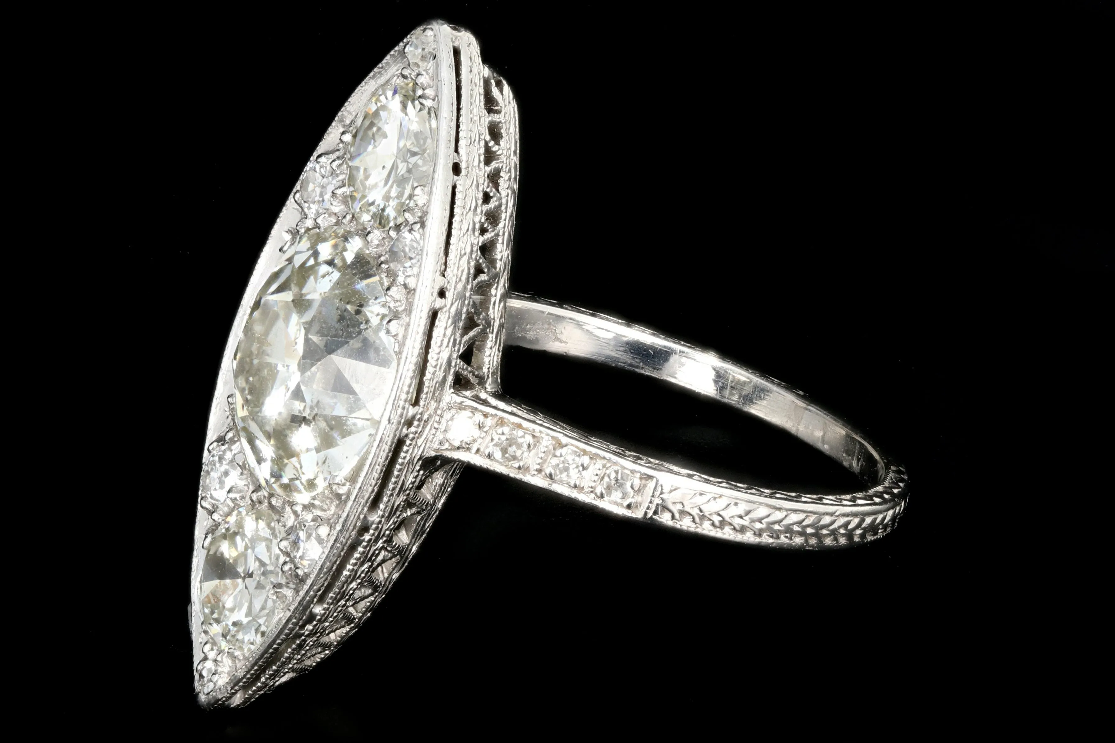 Edwardian Platinum 3.5 Carat Old Euro Center Navette Ring
