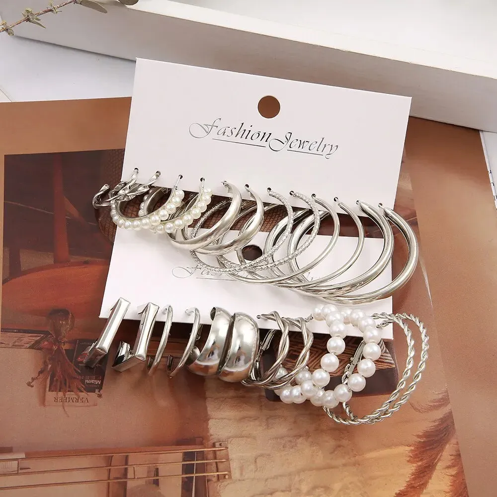 Elegant 12-Pair Silver Alloy Earrings Set