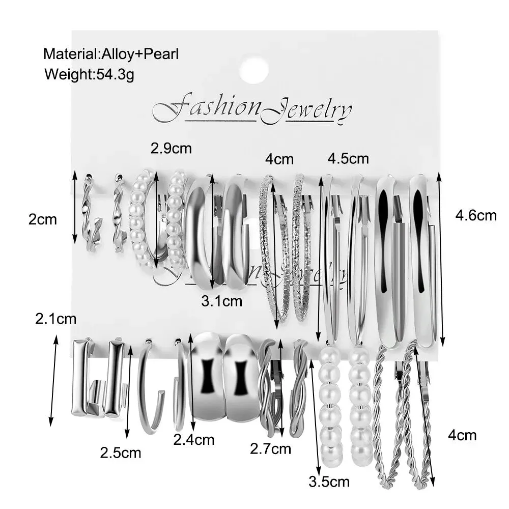 Elegant 12-Pair Silver Alloy Earrings Set