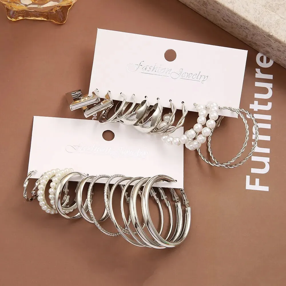 Elegant 12-Pair Silver Alloy Earrings Set