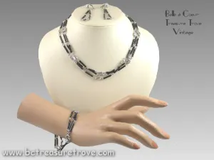 Emmons Jewelry Vintage Necklace Bracelet Earrings Set Parure Black and Silver "Midnight Magic" 1966