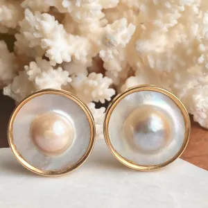 Estate 14KT Yellow Gold Blister Mabe Pink Pearl Clip-On Round Earrings