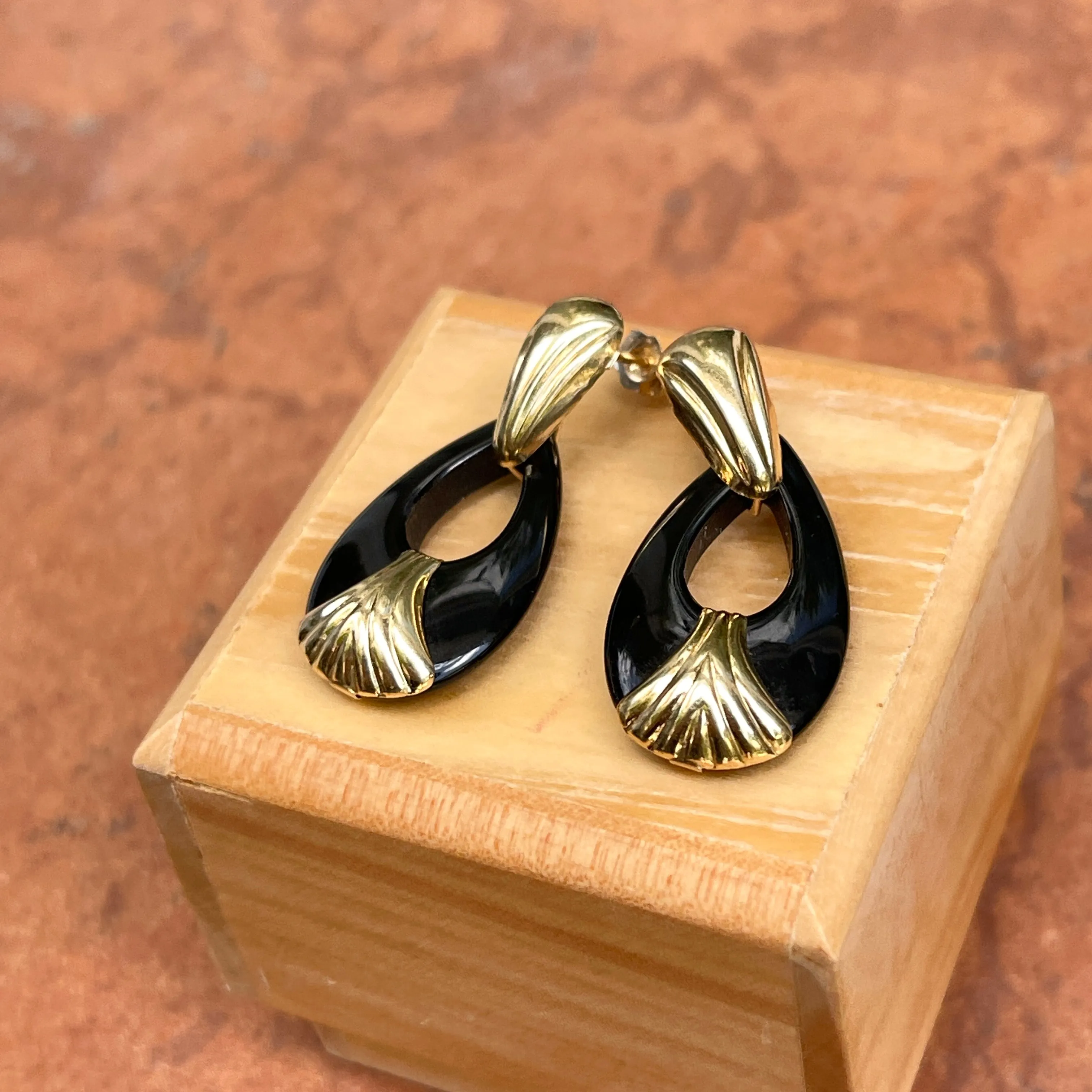 Estate 14KT Yellow Gold Door Knocker Black Onyx Omega Earrings