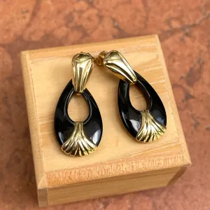 Estate 14KT Yellow Gold Door Knocker Black Onyx Omega Earrings