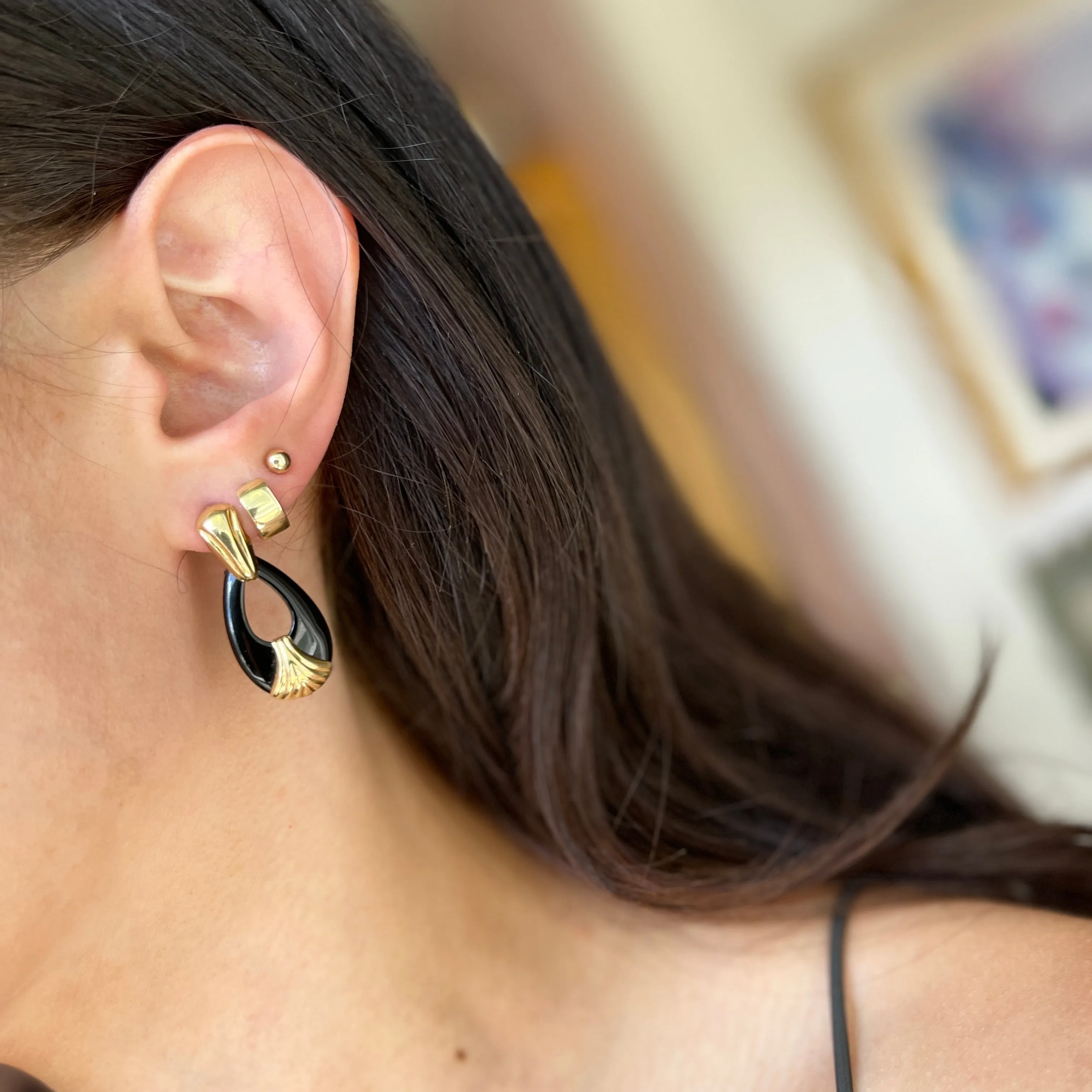 Estate 14KT Yellow Gold Door Knocker Black Onyx Omega Earrings