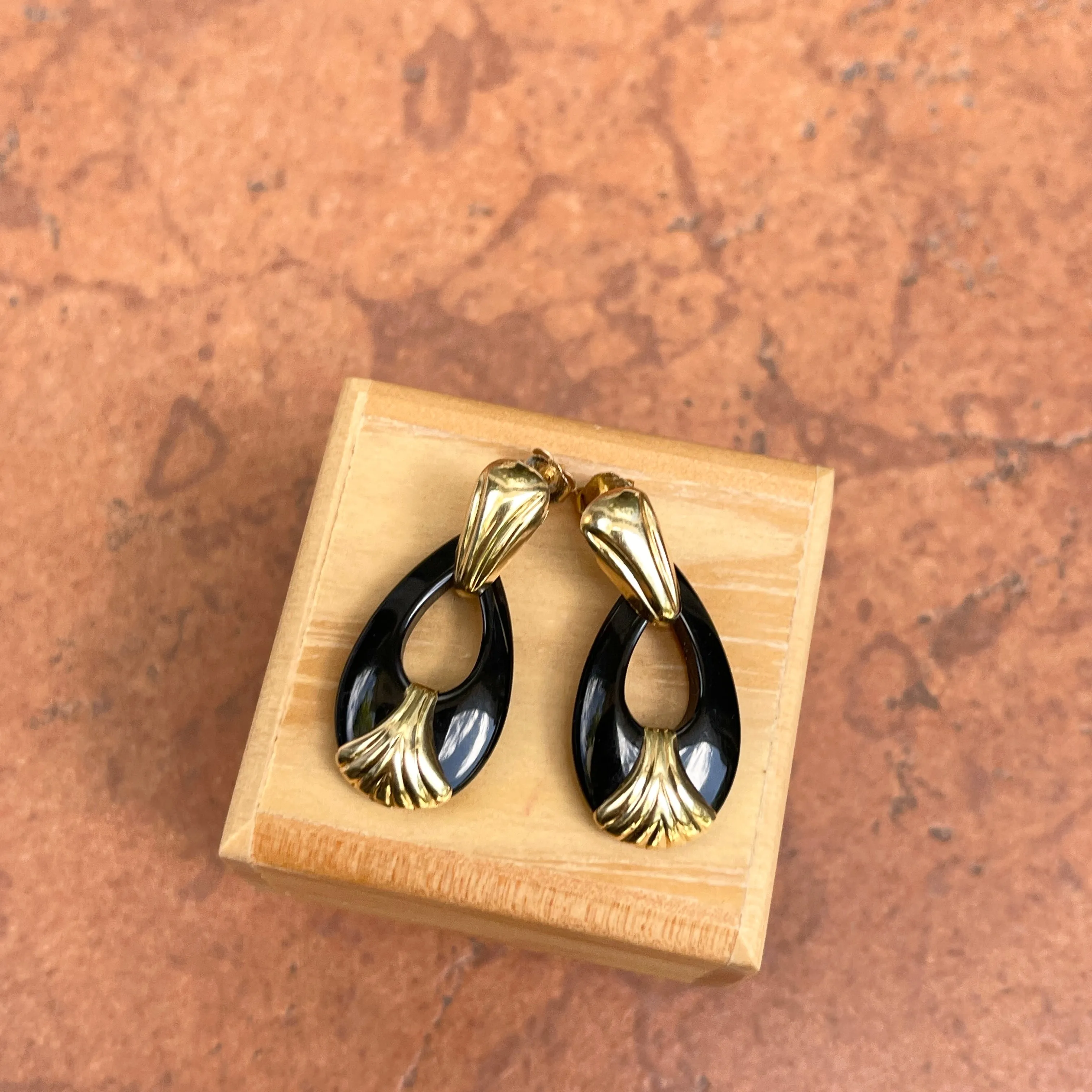 Estate 14KT Yellow Gold Door Knocker Black Onyx Omega Earrings