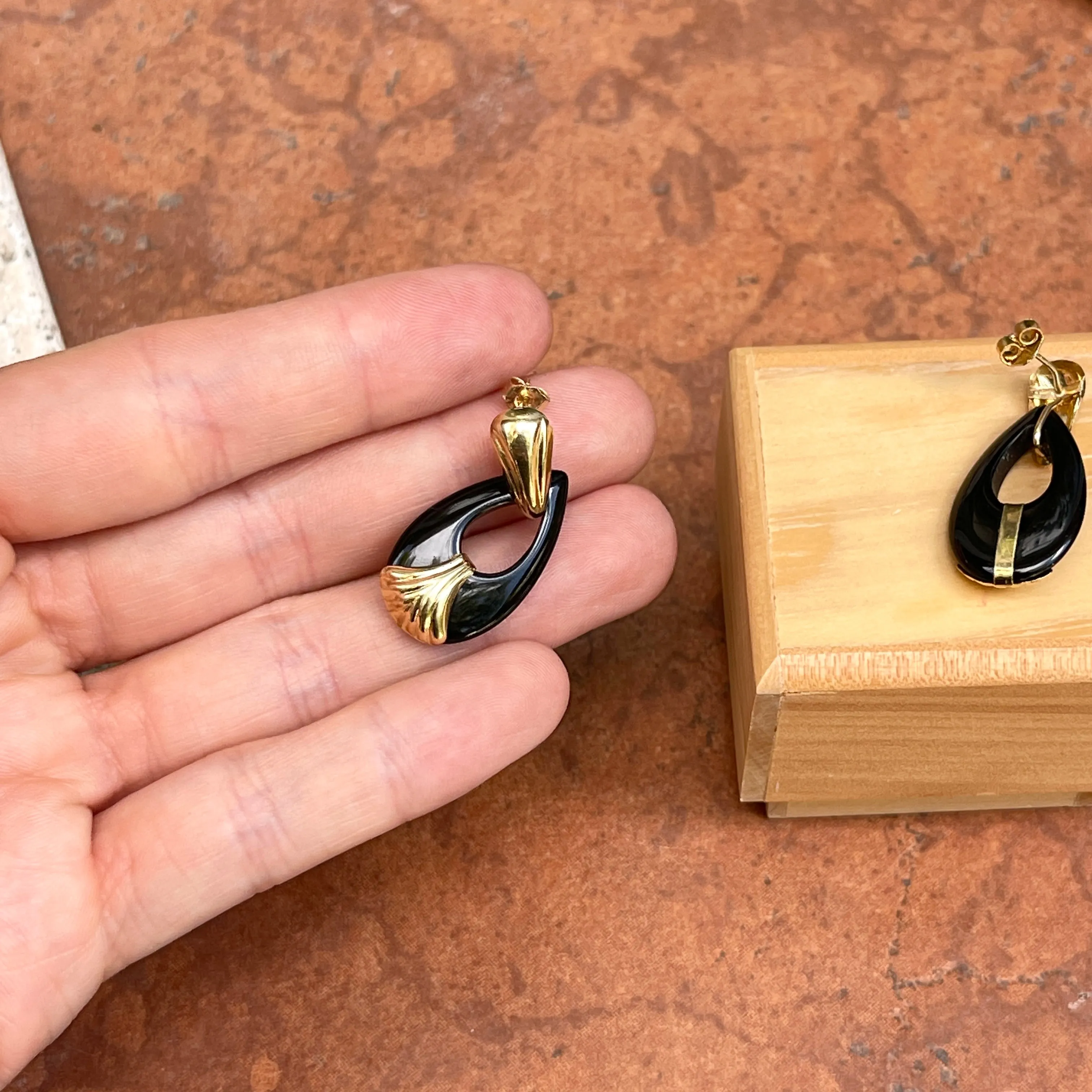 Estate 14KT Yellow Gold Door Knocker Black Onyx Omega Earrings