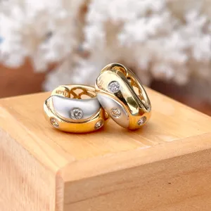 Estate 14KT Yellow Gold   White Gold Gypsy Set Diamond Huggie Hoop Earrings