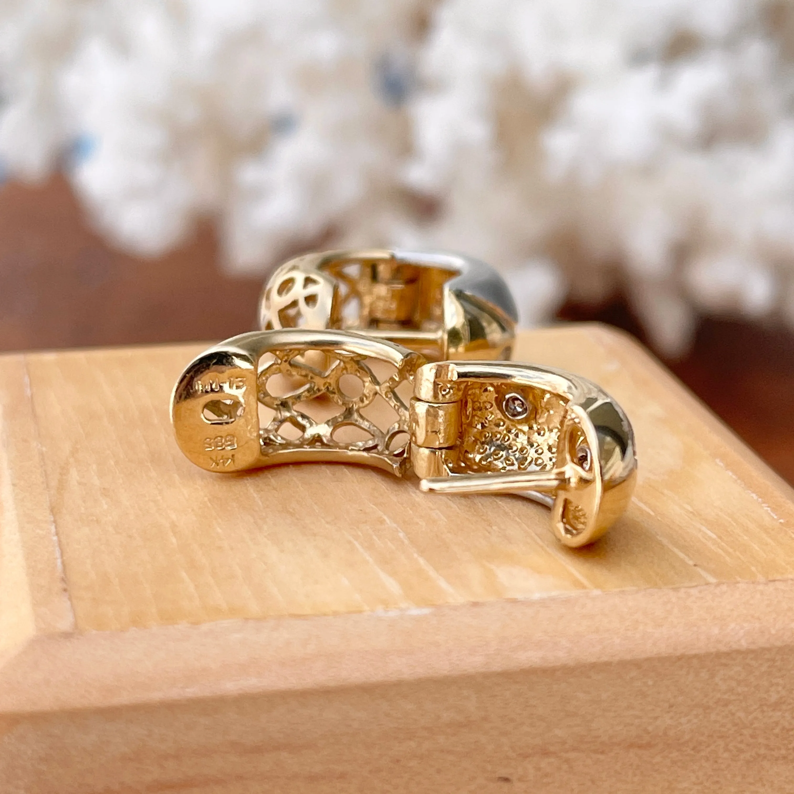 Estate 14KT Yellow Gold   White Gold Gypsy Set Diamond Huggie Hoop Earrings
