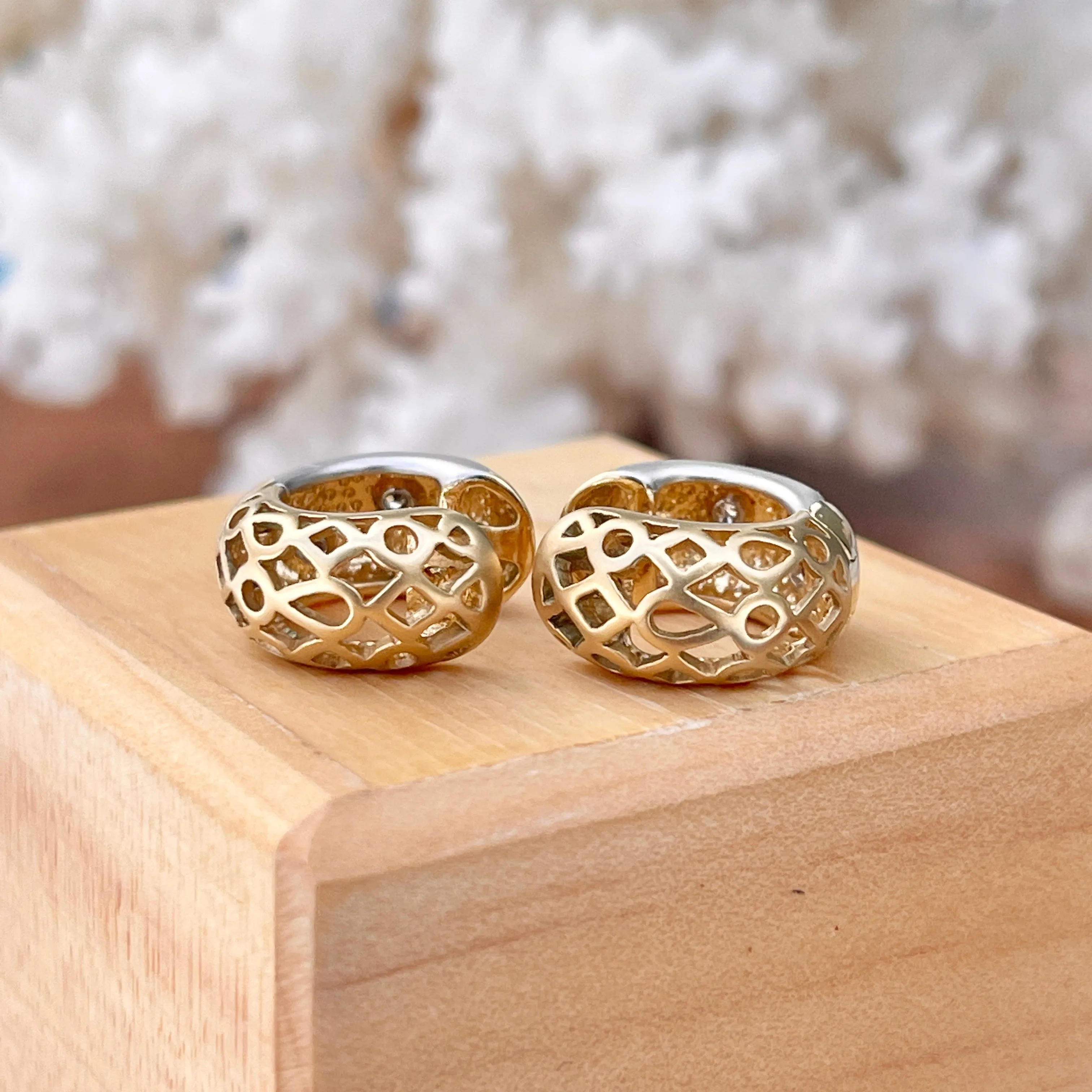 Estate 14KT Yellow Gold   White Gold Gypsy Set Diamond Huggie Hoop Earrings