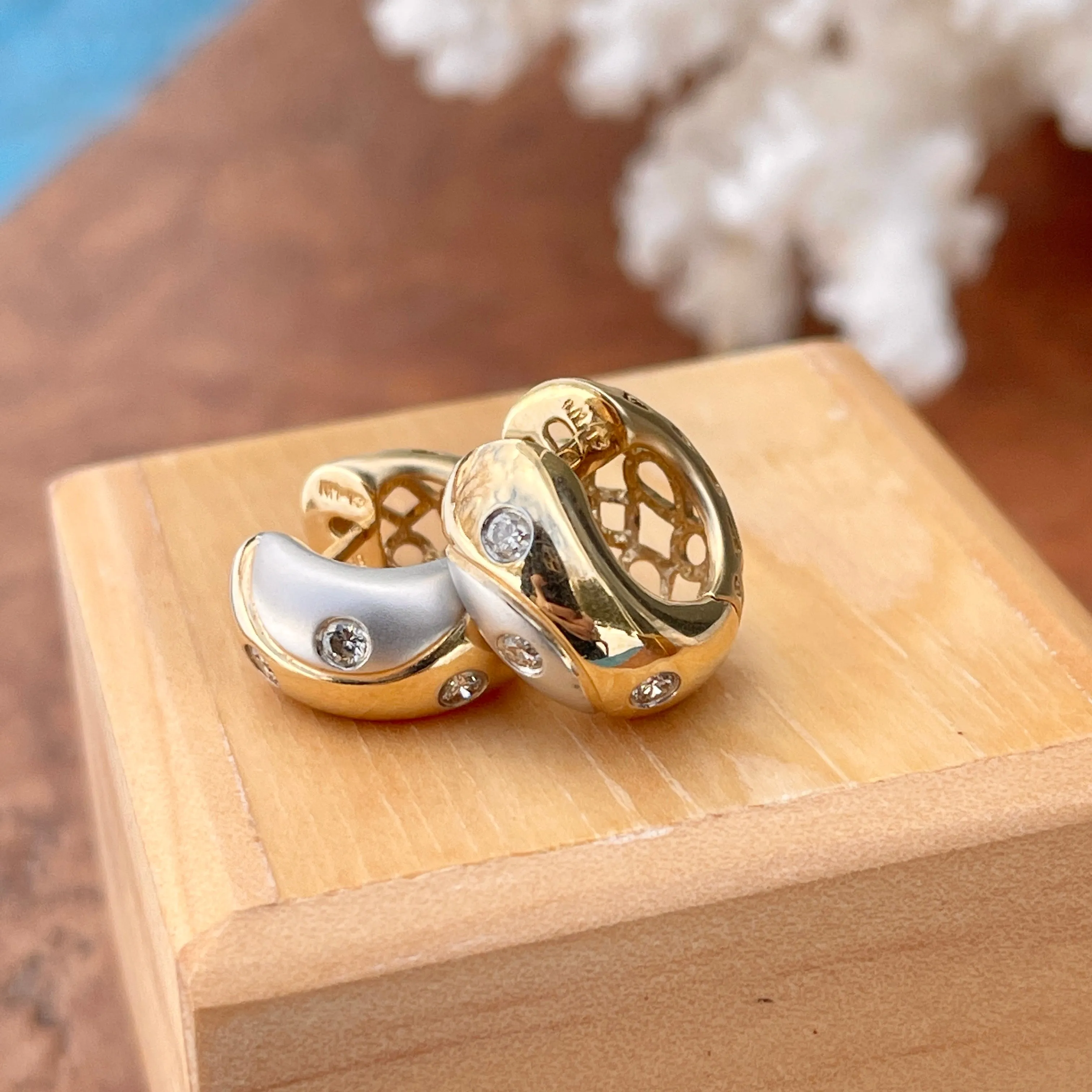 Estate 14KT Yellow Gold   White Gold Gypsy Set Diamond Huggie Hoop Earrings