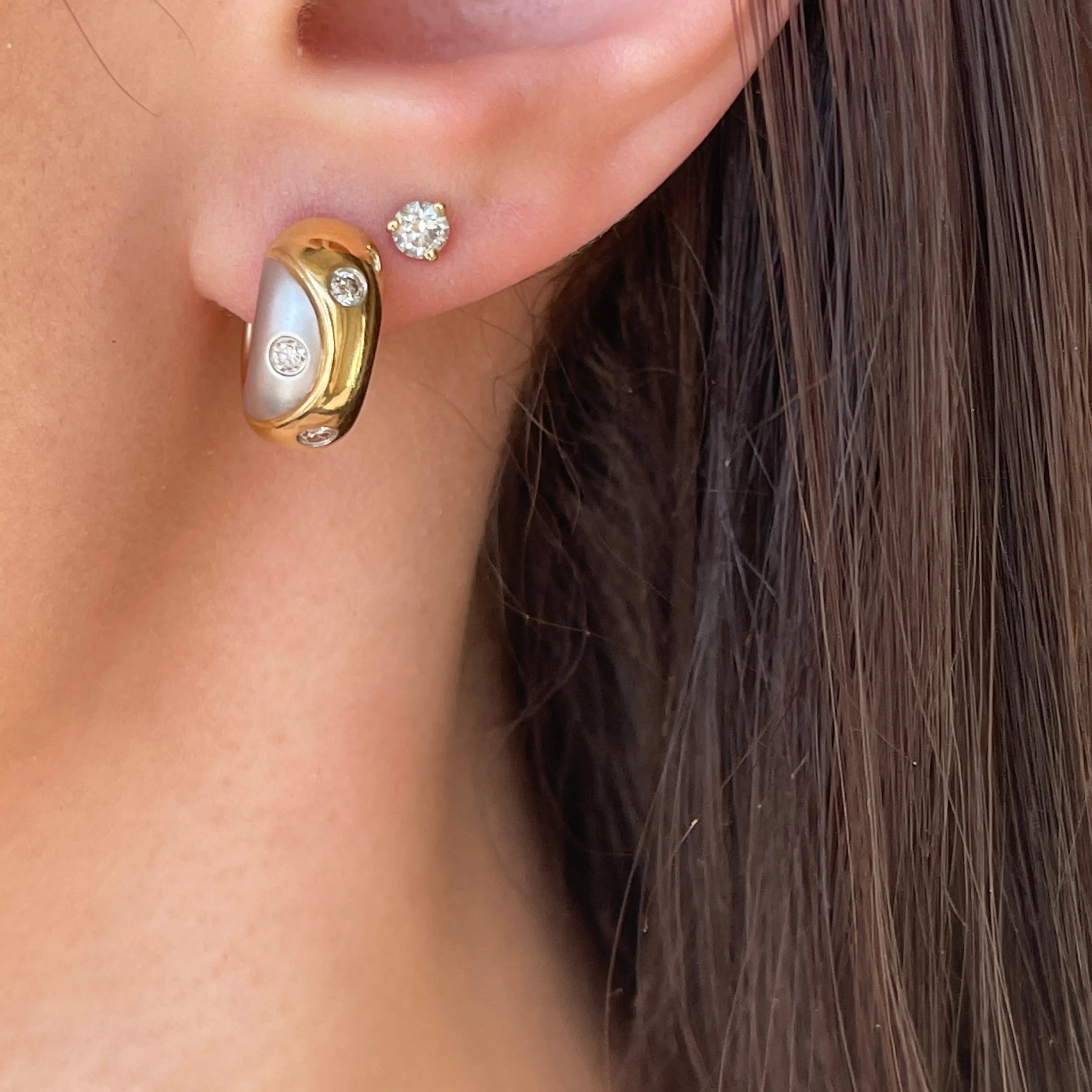 Estate 14KT Yellow Gold   White Gold Gypsy Set Diamond Huggie Hoop Earrings