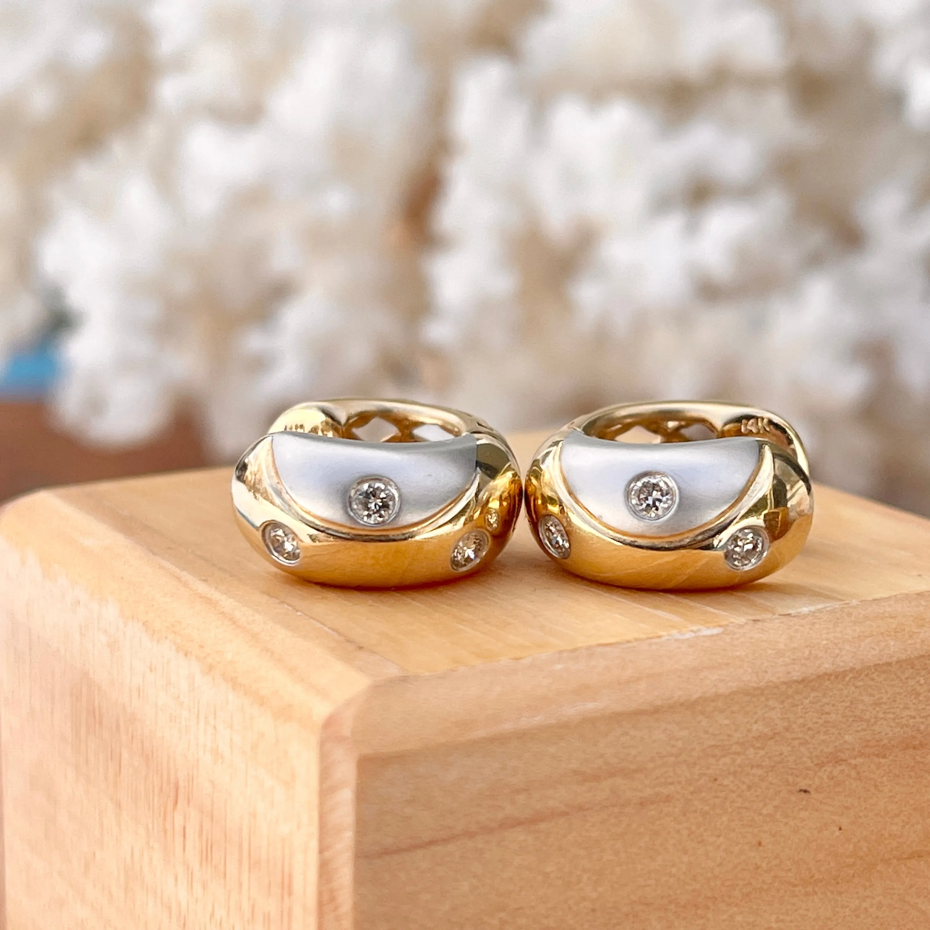 Estate 14KT Yellow Gold   White Gold Gypsy Set Diamond Huggie Hoop Earrings