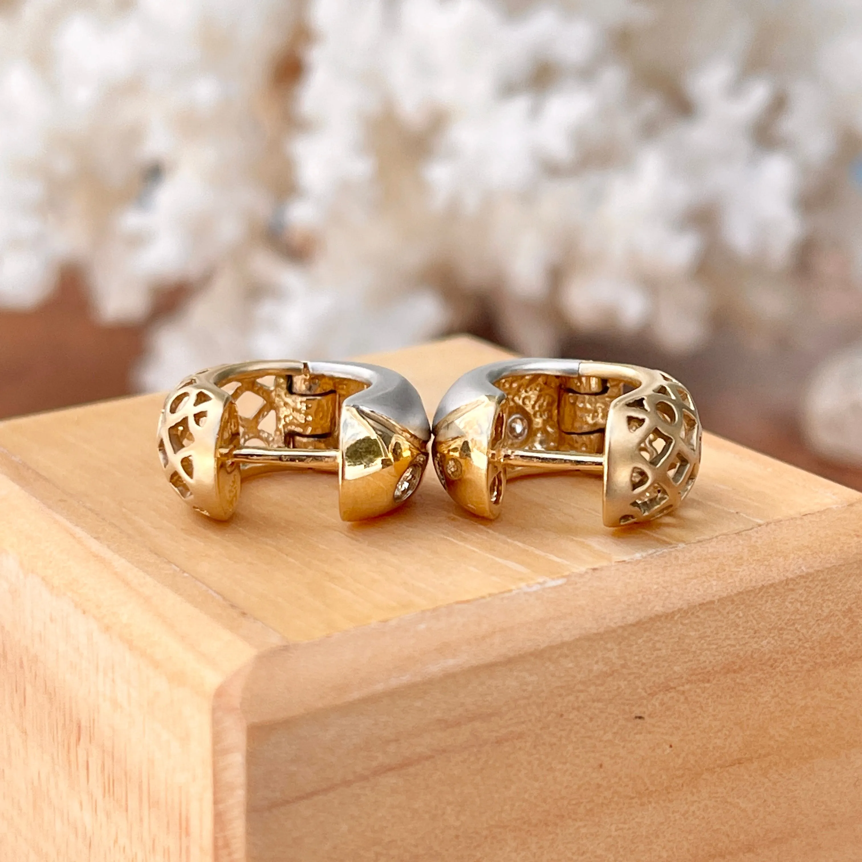 Estate 14KT Yellow Gold   White Gold Gypsy Set Diamond Huggie Hoop Earrings