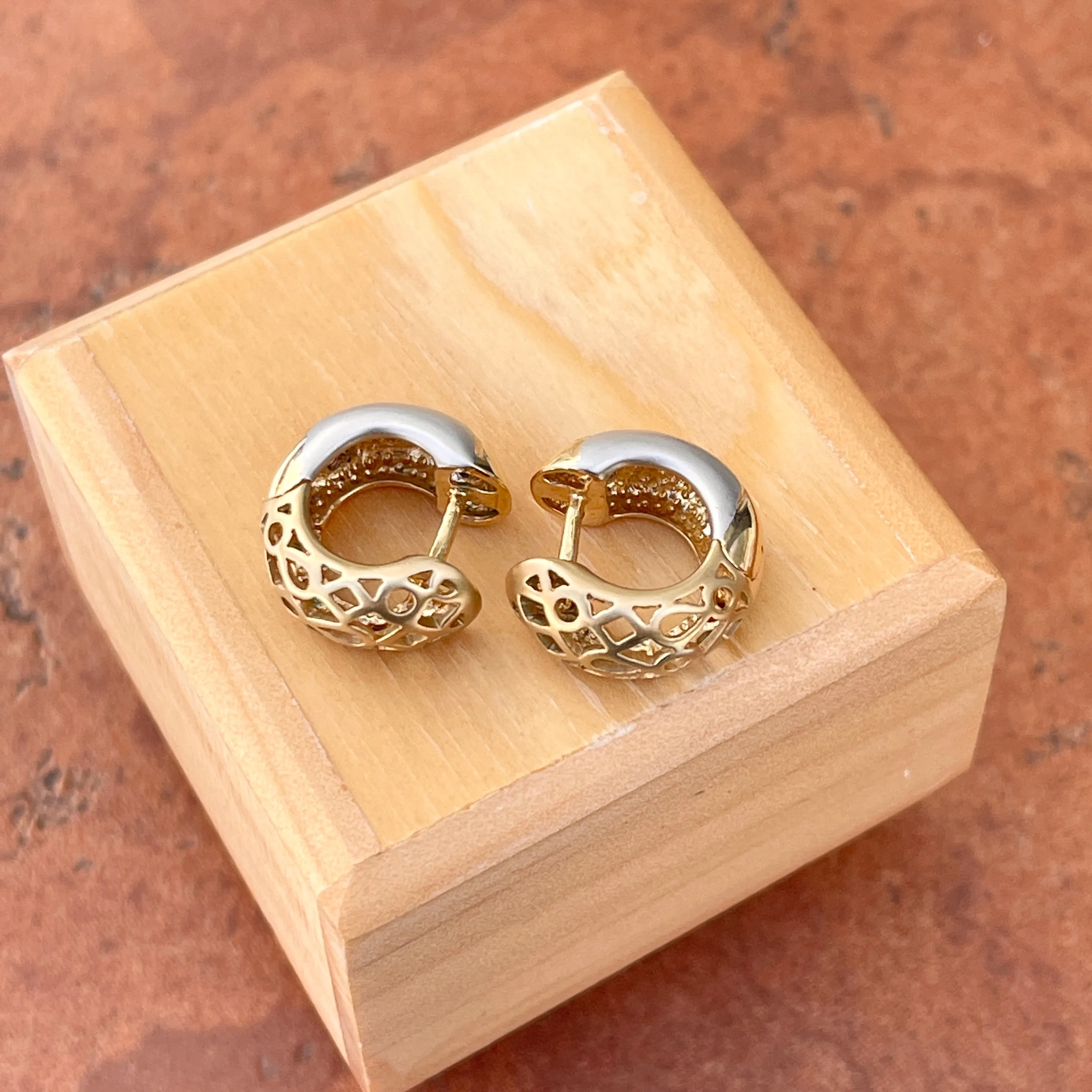 Estate 14KT Yellow Gold   White Gold Gypsy Set Diamond Huggie Hoop Earrings