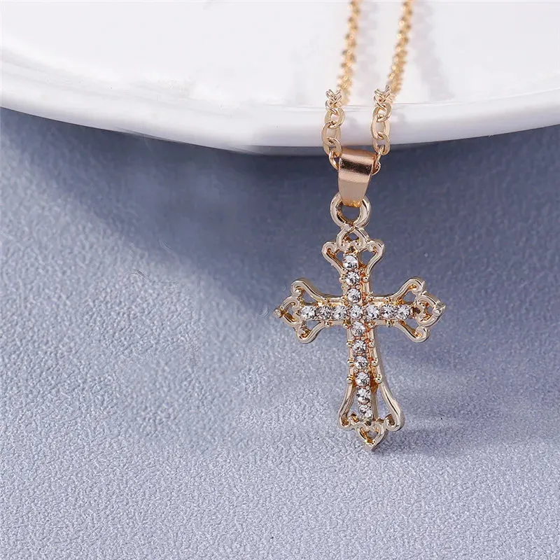 Fashion Cross Necklace for Women Men Gold Silver Color Dazzling Crystal Jesus Crucifix Necklace Christian Jewelry Wholesale