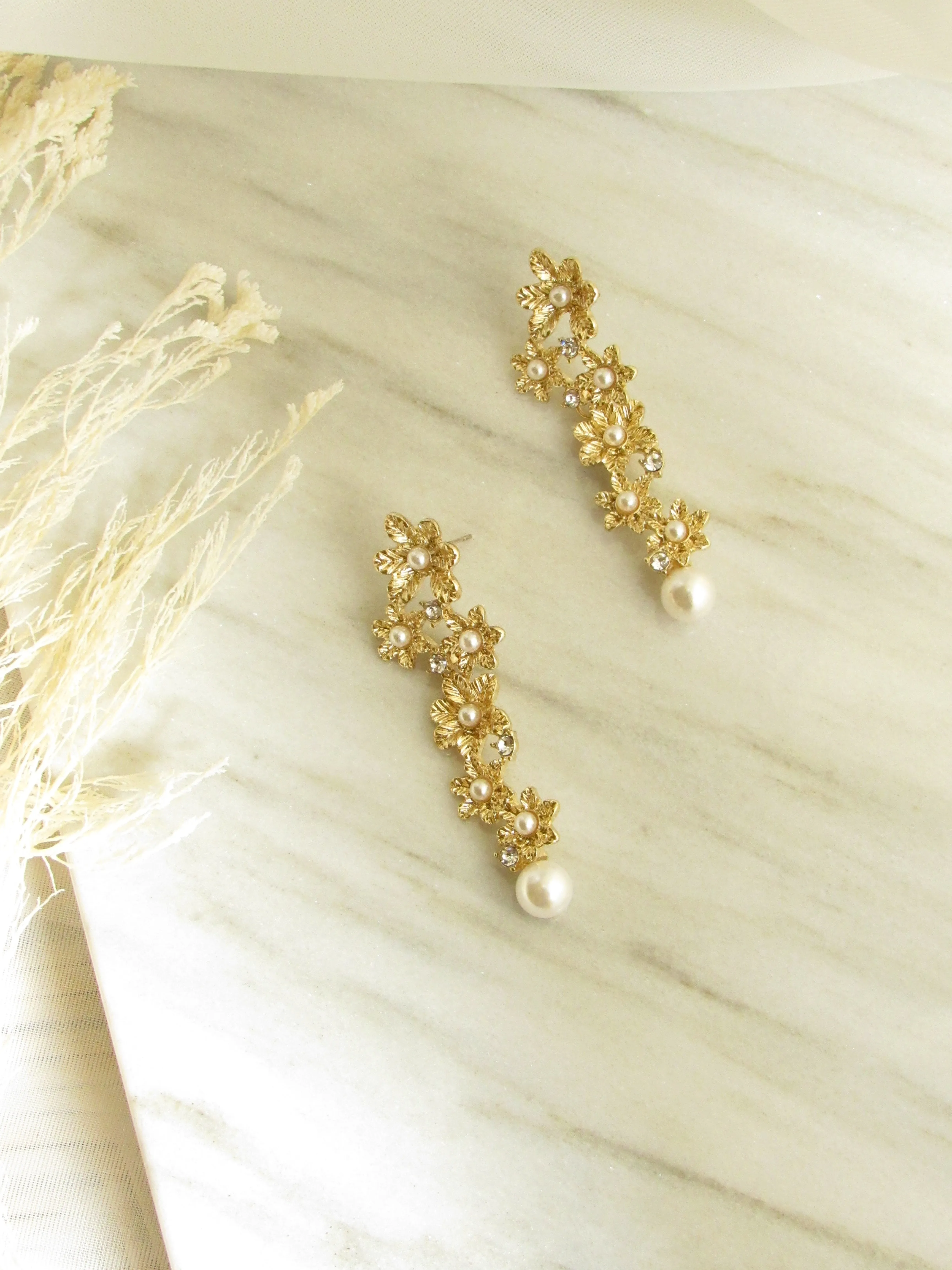 Floral Bunch Pearl Drop Earrings in Gold