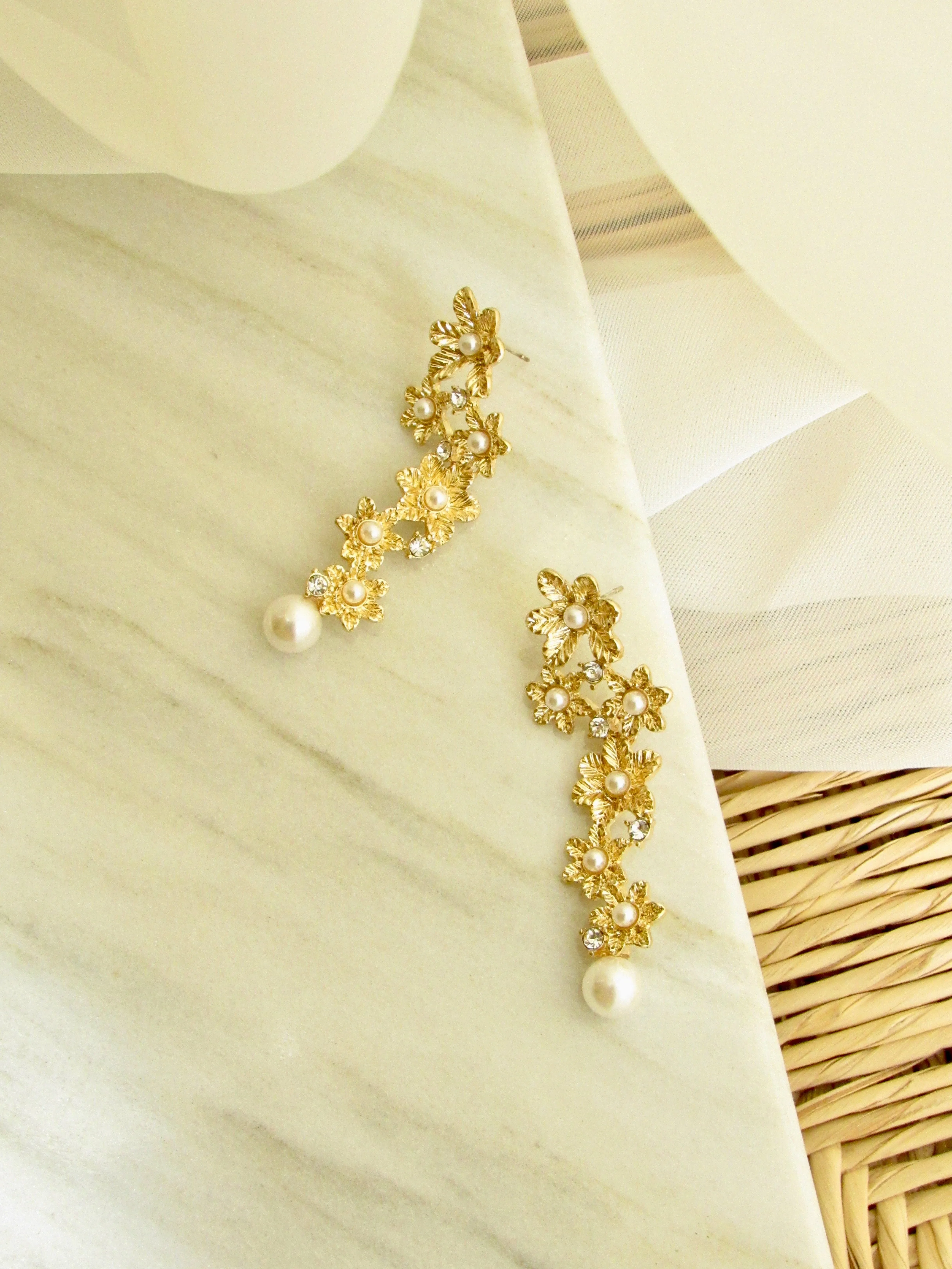 Floral Bunch Pearl Drop Earrings in Gold