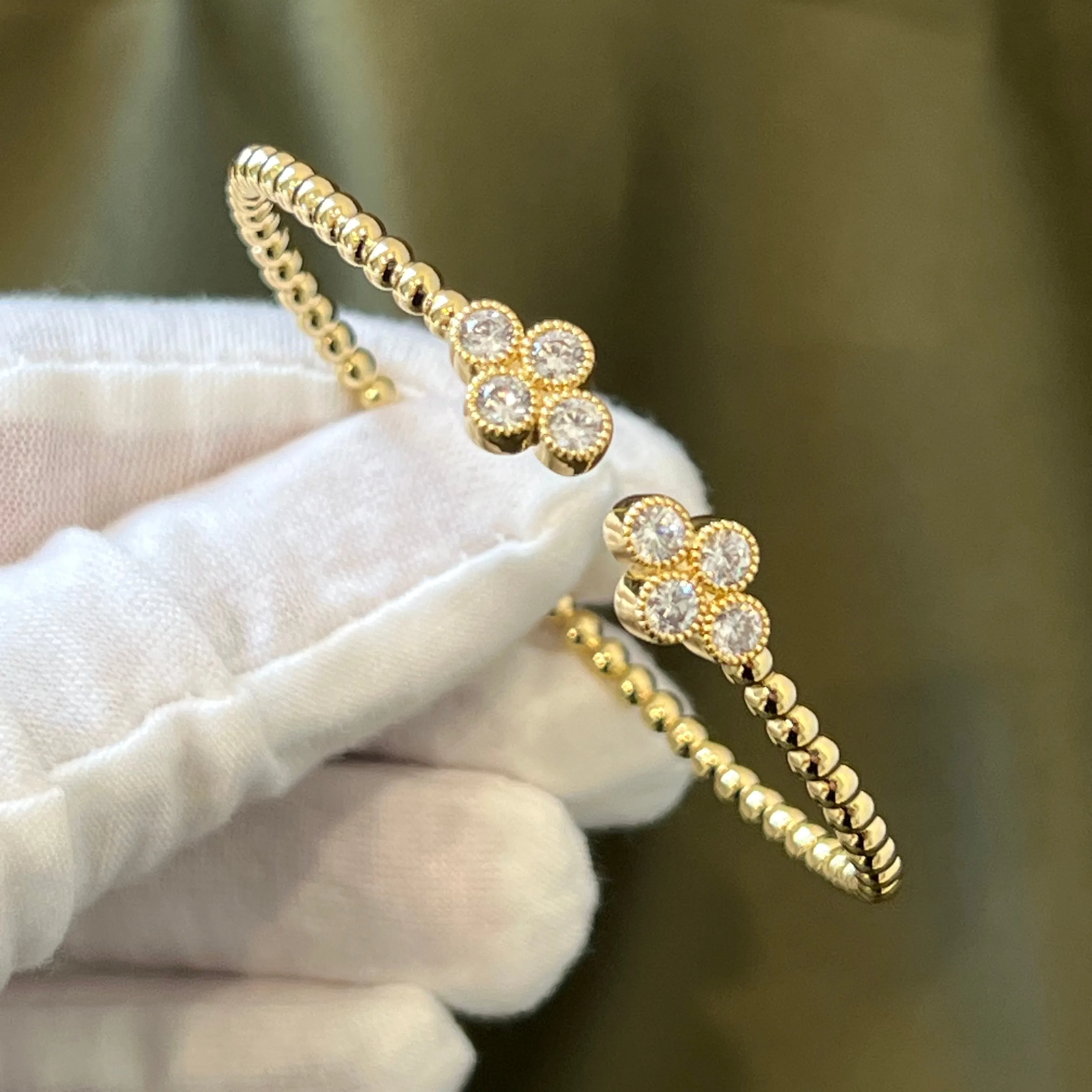 Flower CZ Beaded Cuff Bracelet - Gold